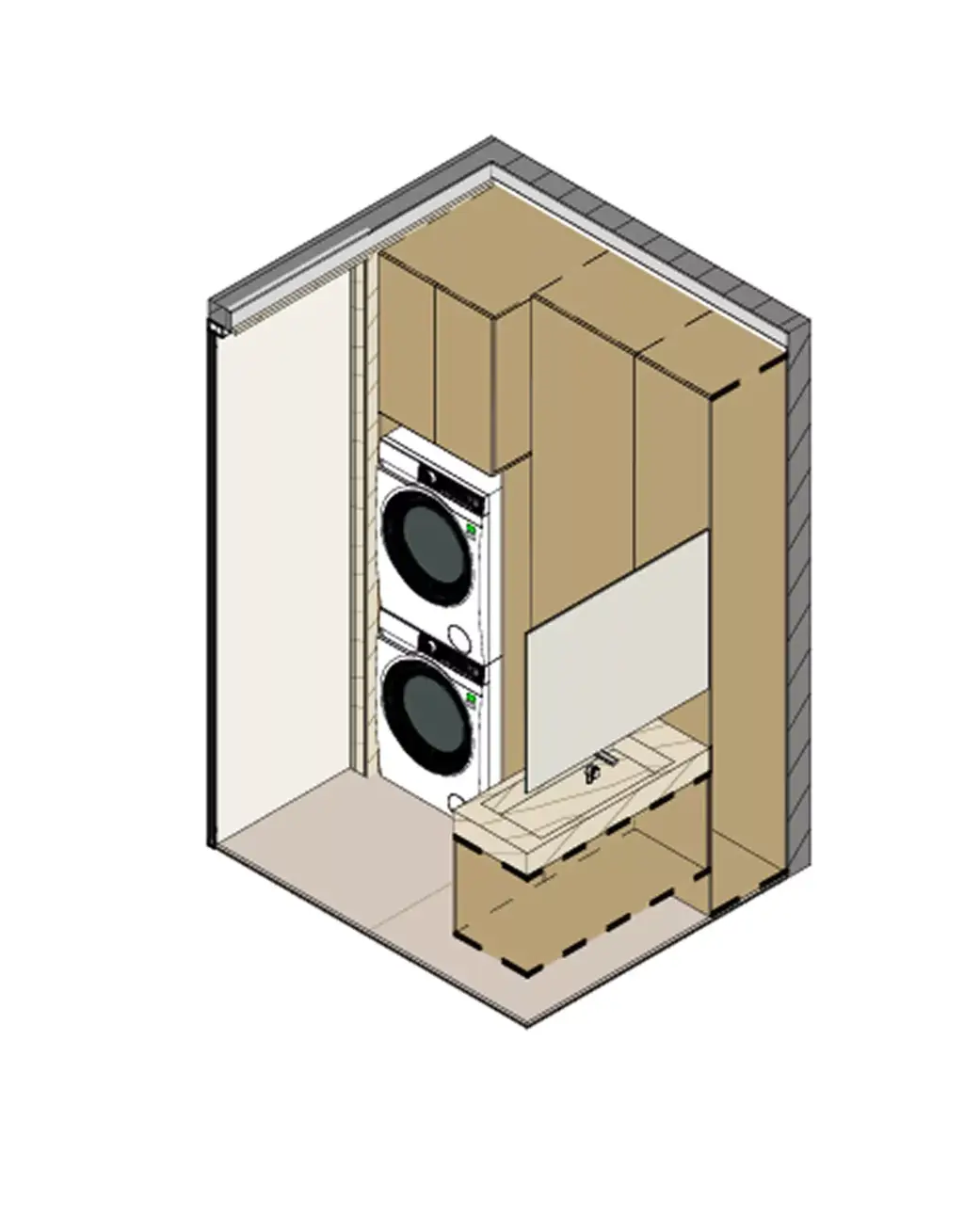 3D Floor Plan Rendering Services laundry room with stacked washer, dryer, and cabinets