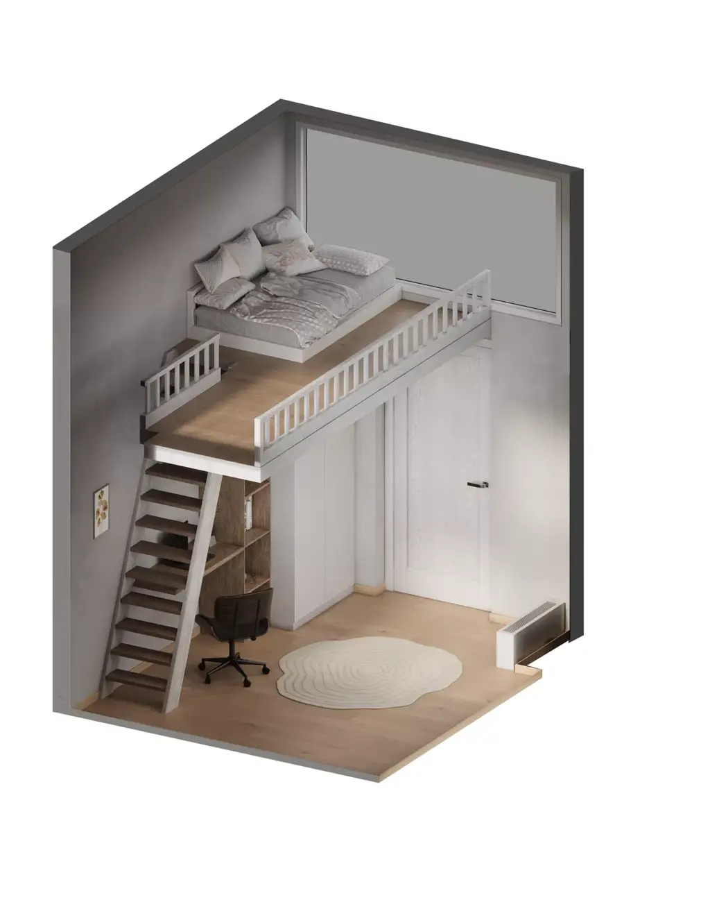 3D Floor Plan Rendering Services loft bedroom with stairs, desk, and elevated bed