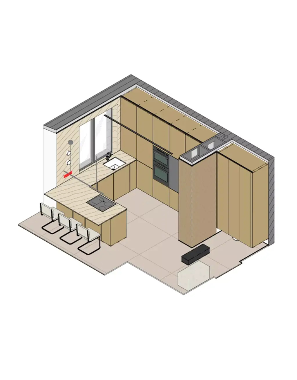 3D Floor Plan Rendering Services isometric kitchen with island seating and wood cabinets