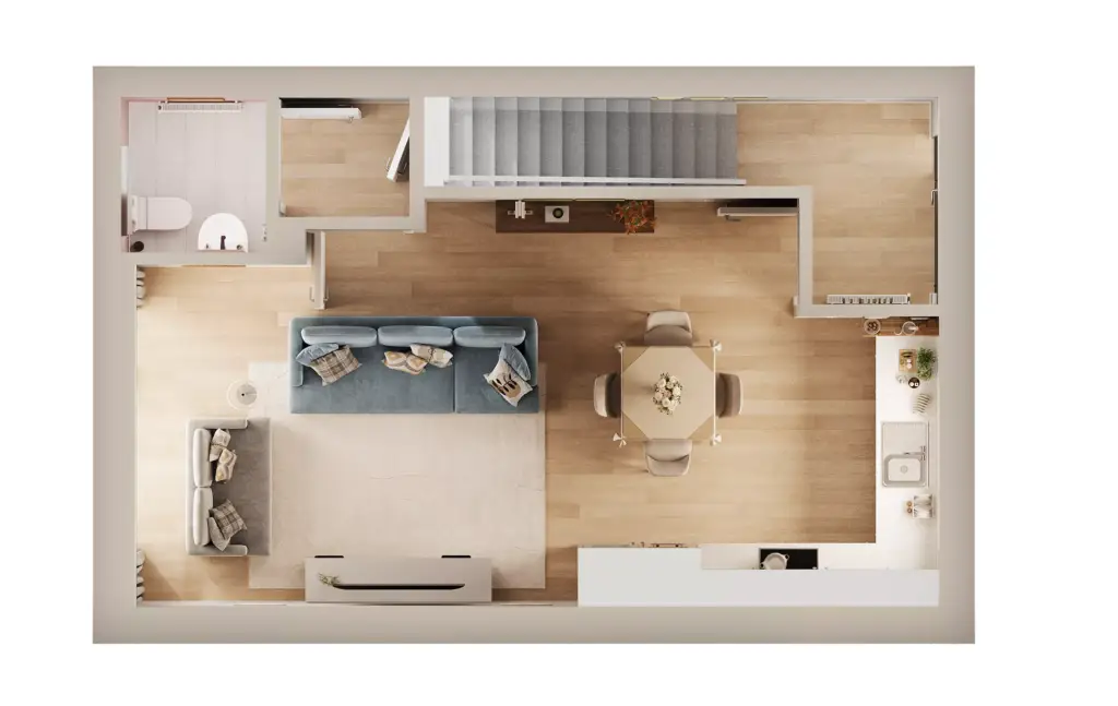 3D Floor Plan Rendering Services top view of open living room, dining area, and kitchen