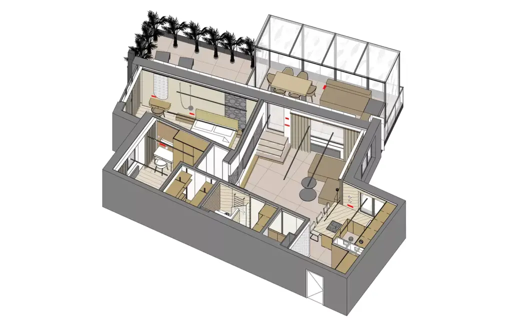 3D Floor Plan Rendering Services isometric apartment with terrace, kitchen, and bedrooms