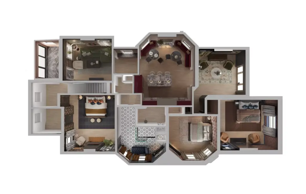 3D Floor Plan Rendering Services top view of furnished multiroom home layout