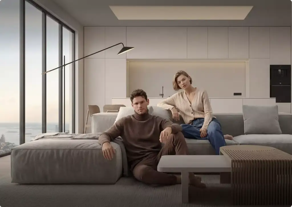 Man and woman seated on sectional sofa in modern open kitchen living space, 3D furniture rendering