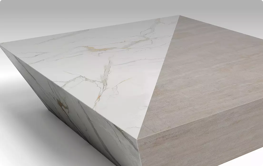 Geometric marble and wood coffee table with angled surfaces on neutral background, 3D furniture rendering