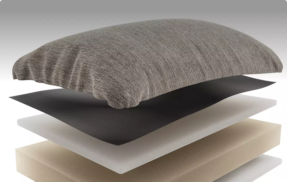 Layered cushion materials showing fabric, foam, and base structure in cutaway view, 3D furniture rendering