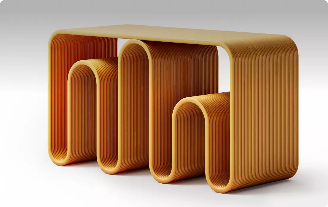 Curved layered wooden console table with looped forms on neutral background, 3D furniture rendering