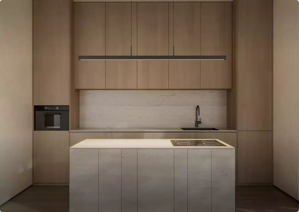 Minimal wood kitchen with island, integrated cabinets, and linear pendant light, 3D furniture rendering