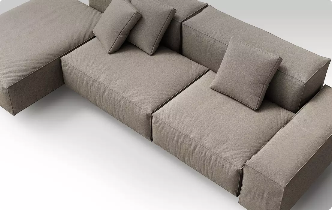 Modular fabric sofa with square cushions in neutral studio setting, 3D furniture rendering