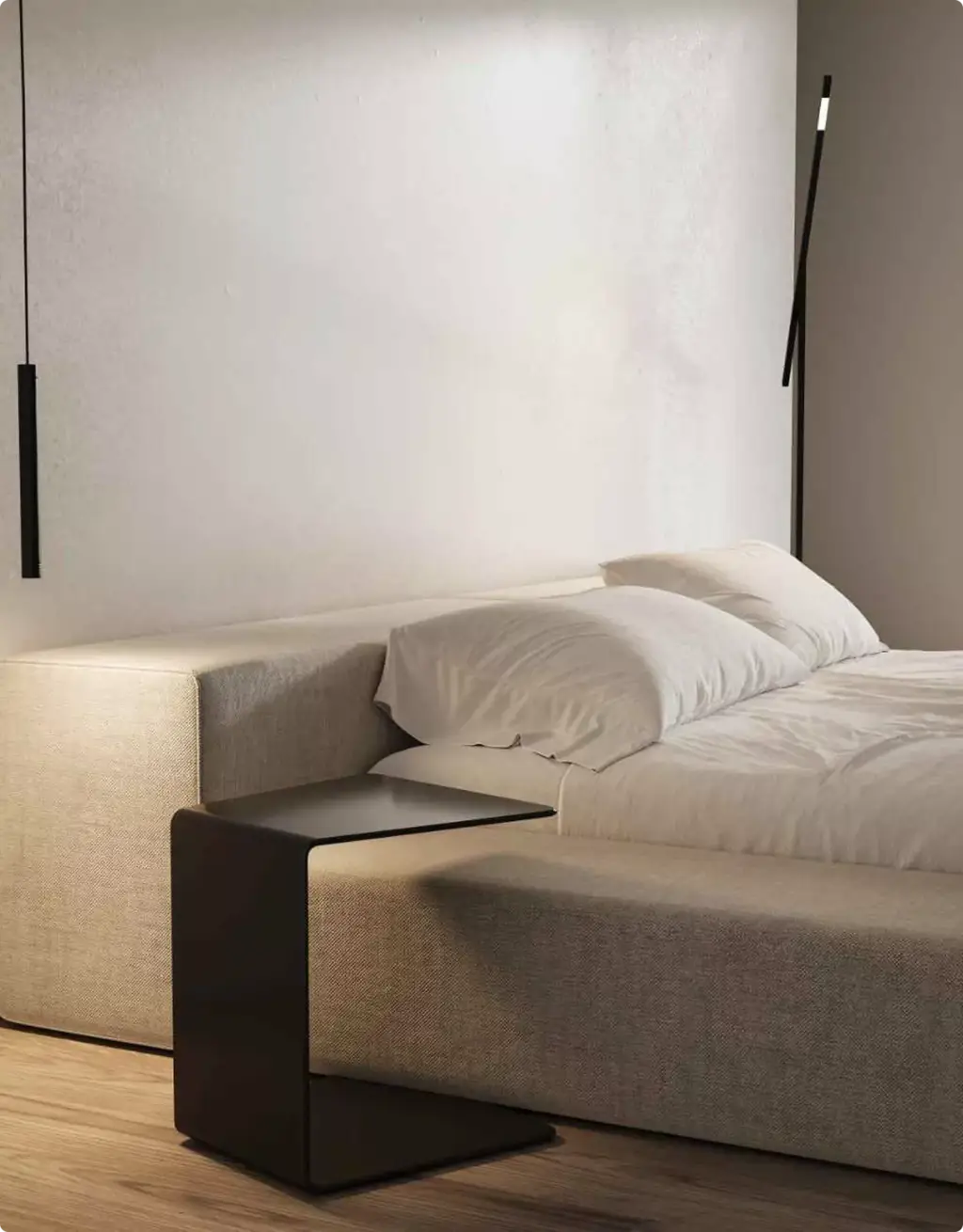 3D Furniture Rendering Portfolio modern bedroom with upholstered bed and black side table