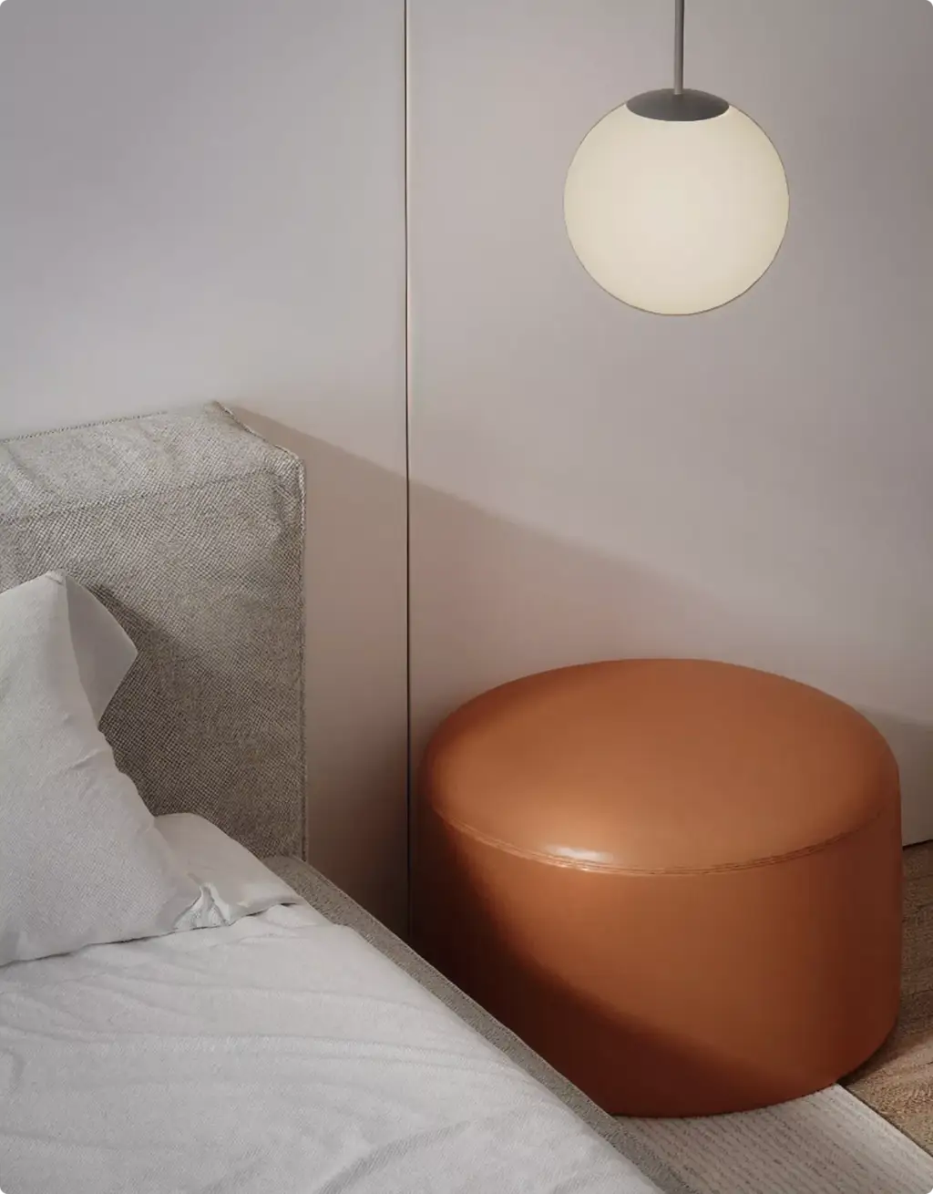 3D Furniture Rendering Portfolio bedroom corner with round leather stool and pendant light