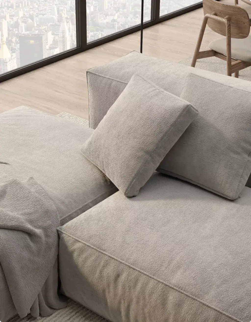 3D Furniture Rendering Portfolio close view of beige modular sofa cushions