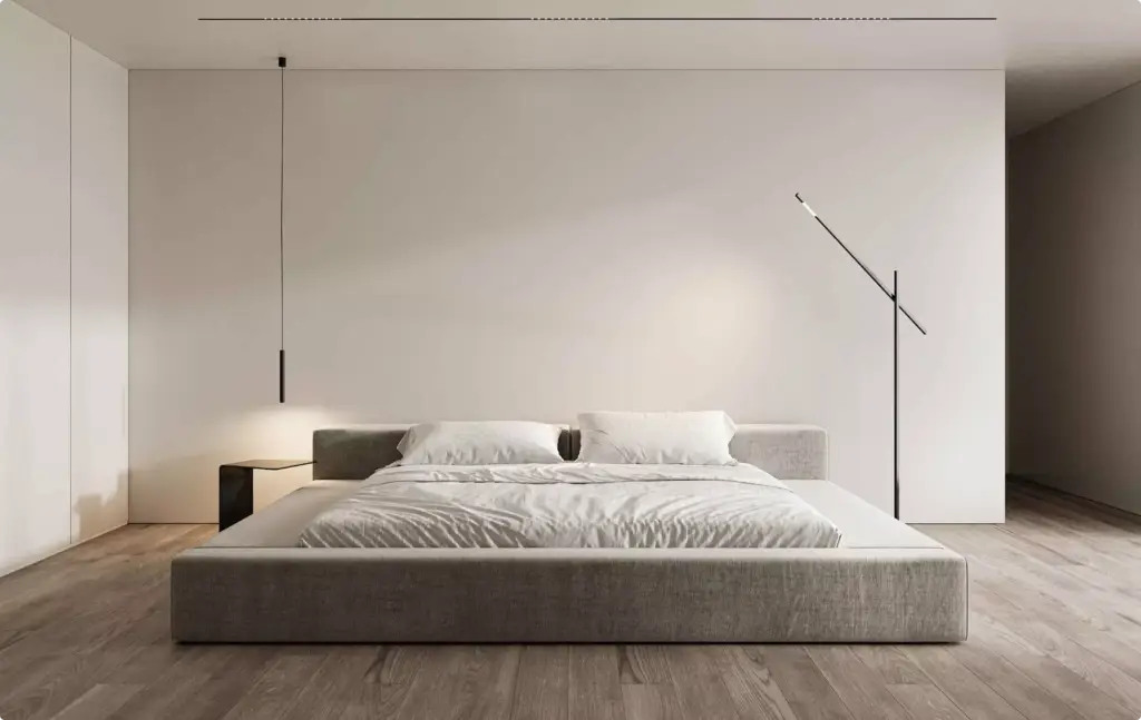 3D Furniture Rendering Portfolio contemporary bedroom with low bed and minimalist lighting