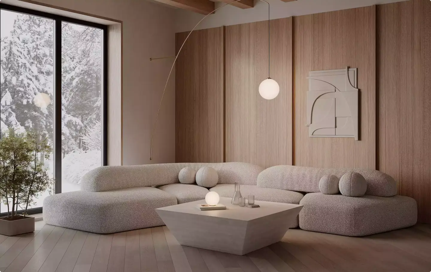 3D Furniture Rendering Portfolio curved sectional sofa with stone coffee table