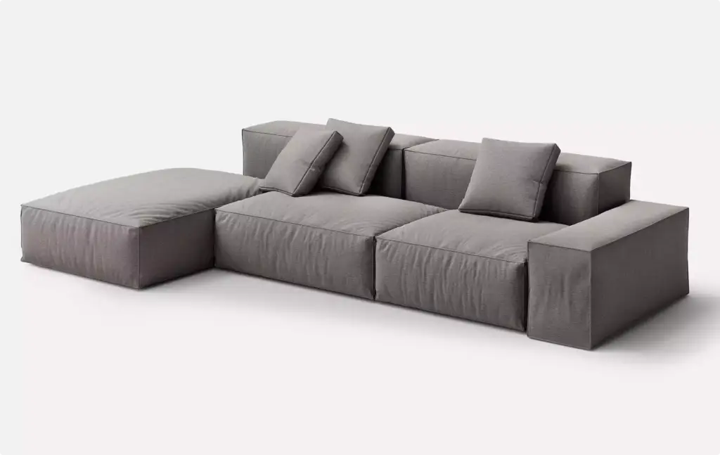 3D Furniture Rendering Portfolio gray modular sofa with chaise and accent pillows