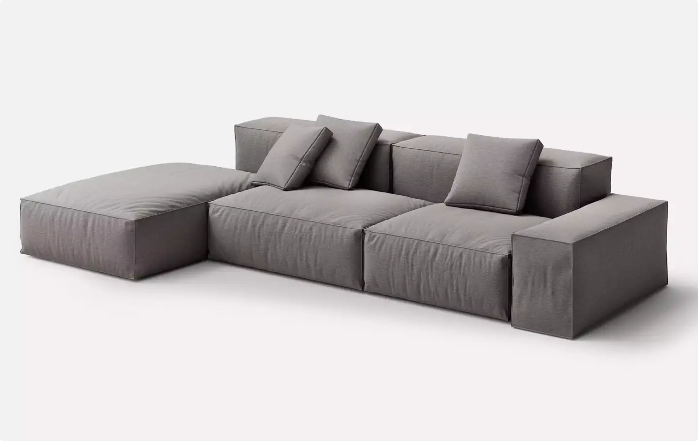 Grey modular sofa rendered in a silo catalog card showing one seating configuration