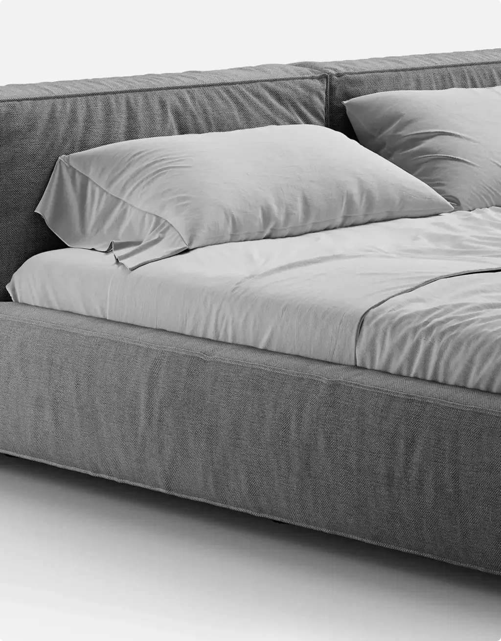 3D Furniture Rendering Portfolio close view of gray upholstered bed with white bedding