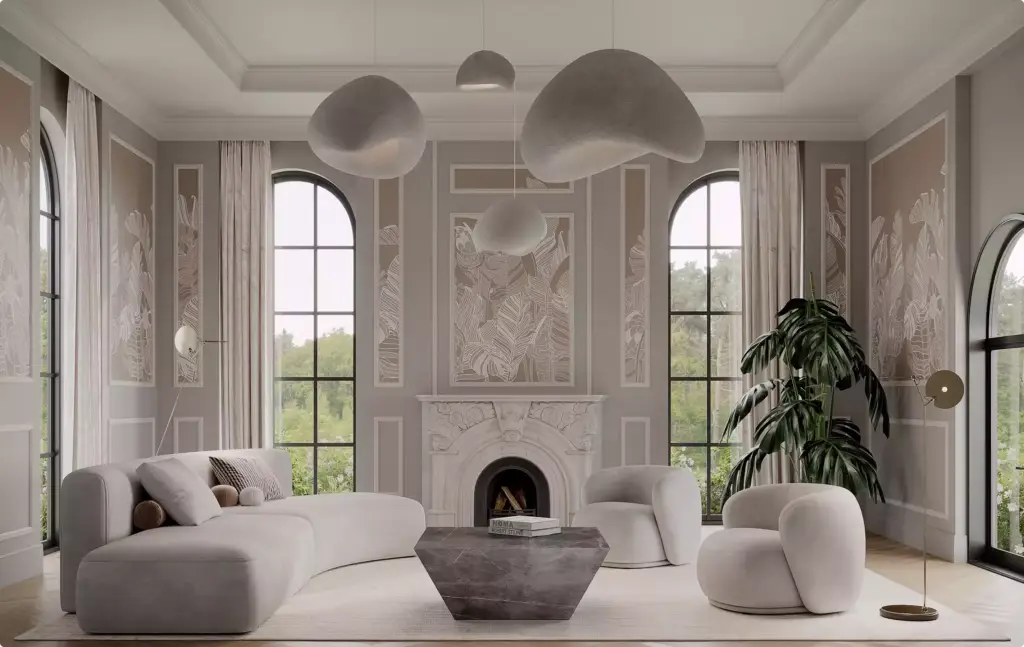 3D Furniture Rendering Portfolio luxury living room with curved sofas and marble fireplace