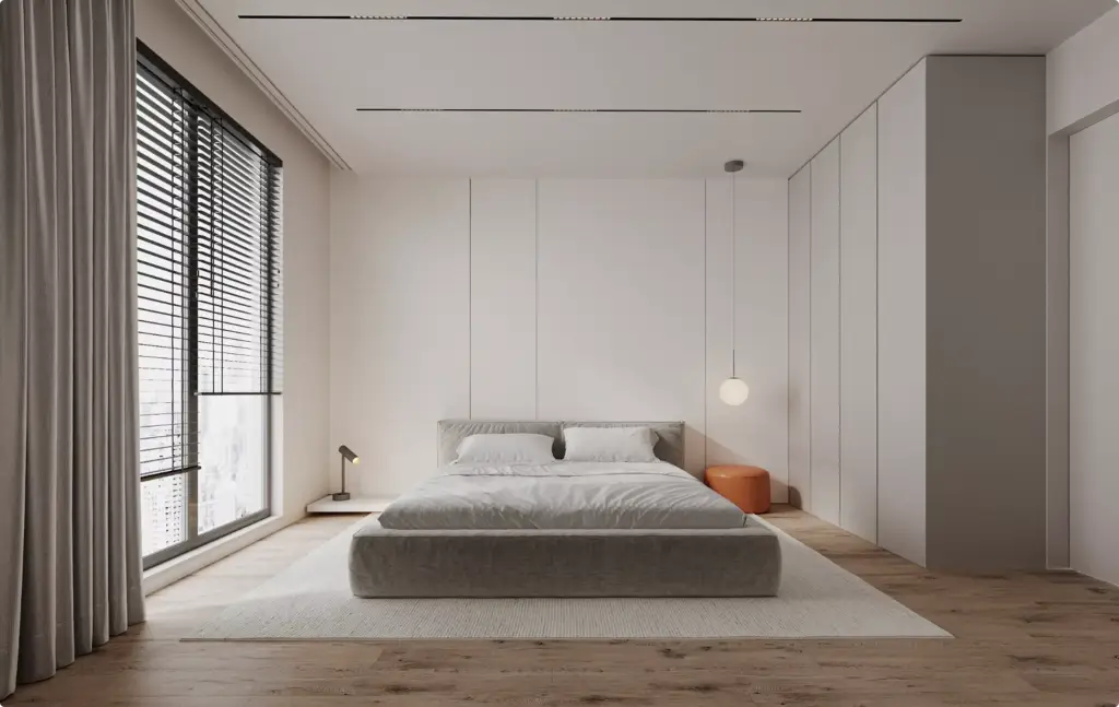 3D Furniture Rendering Portfolio minimalist bedroom with low platform bed and soft lighting