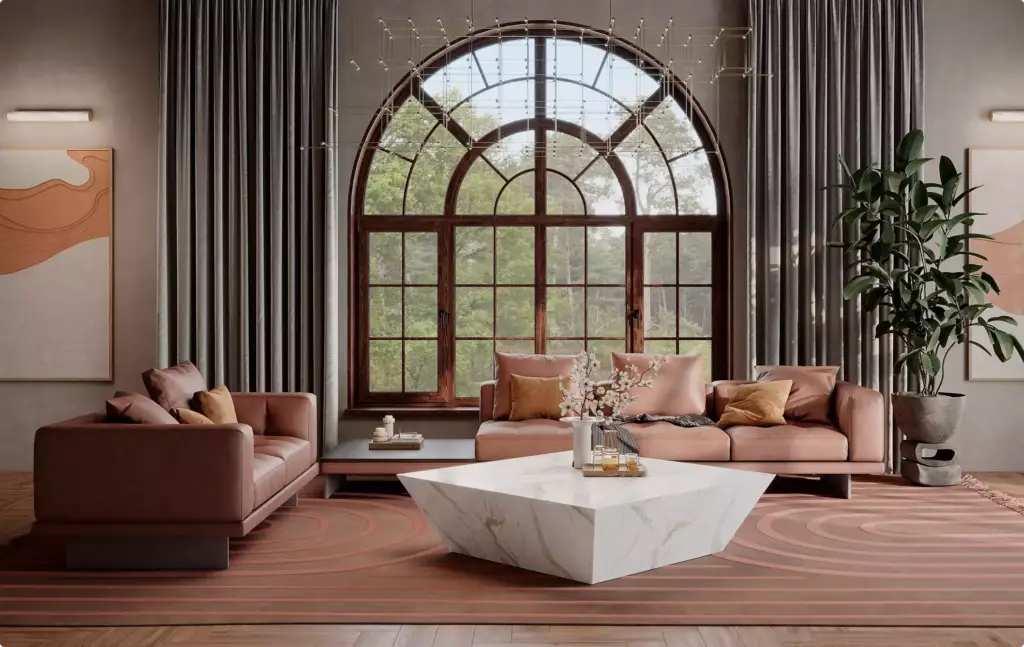 3D Furniture Rendering Portfolio modern living room with pink sofas and marble coffee table