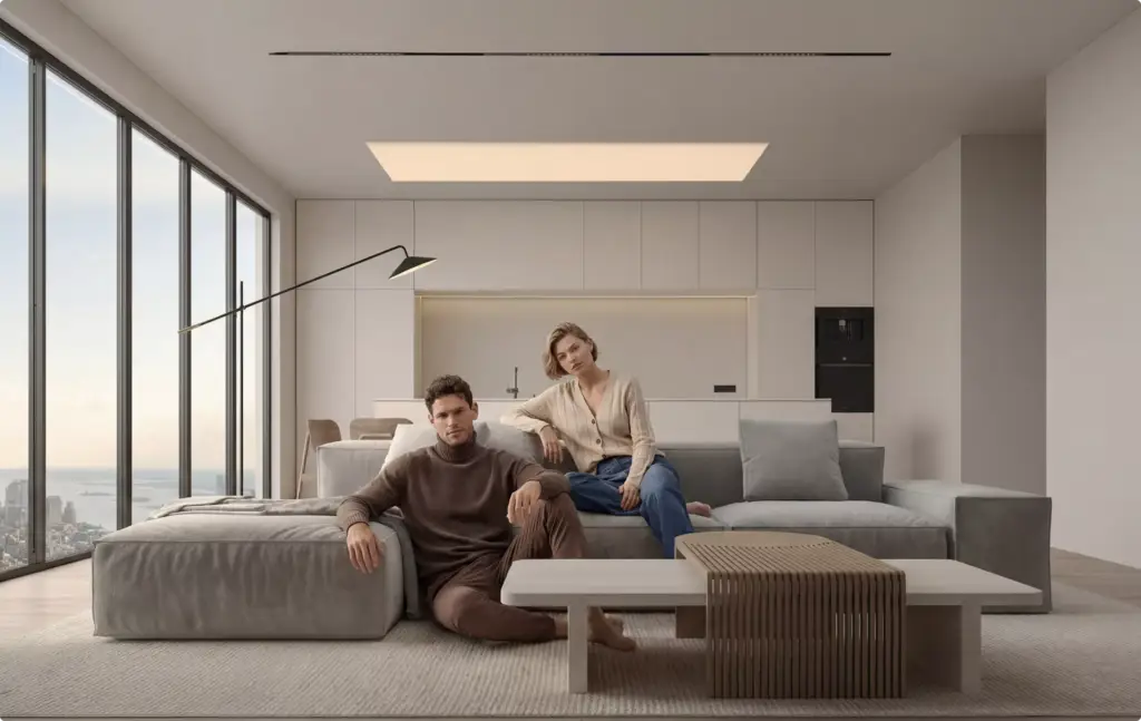 3D Furniture Rendering Portfolio modern living room with sectional sofa and couple