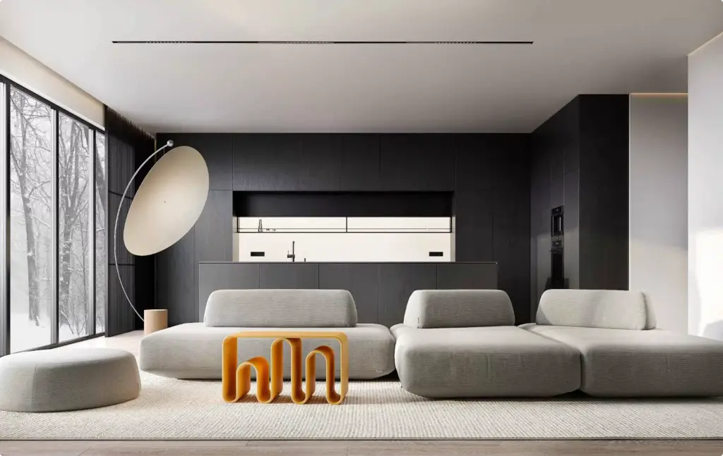 3D Furniture Rendering Portfolio modern lounge with modular sofas and curved wood table