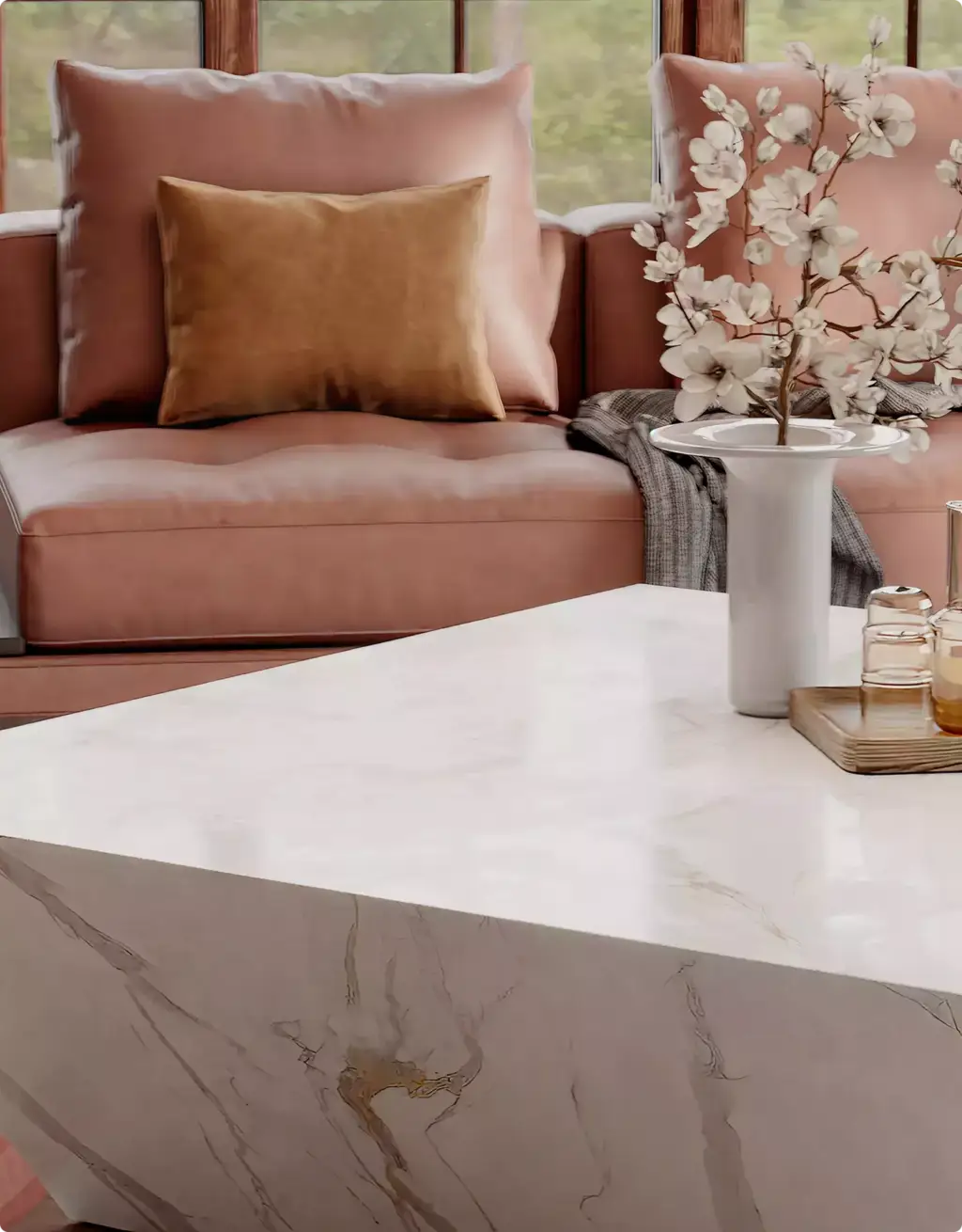 3D Furniture Rendering Portfolio pink sofa and marble coffee table with floral decor