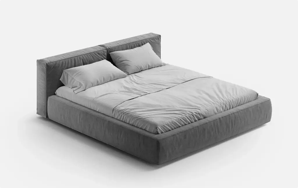 3D Furniture Rendering Portfolio low platform bed with gray fabric frame and pillows