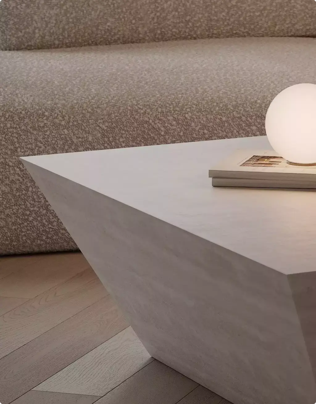 3D Furniture Rendering Portfolio stone coffee table beside textured curved sofa