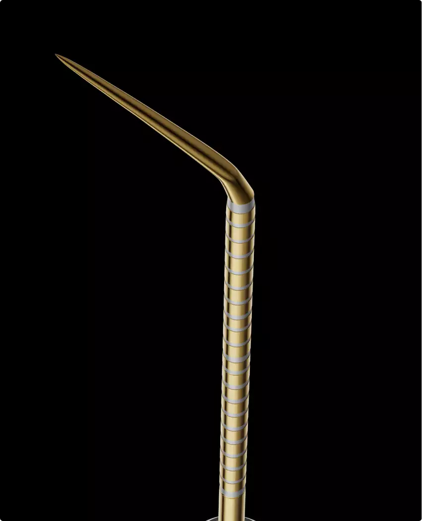 Angled dental instrument in 3D medical animation video on black background with gold segmented shaft