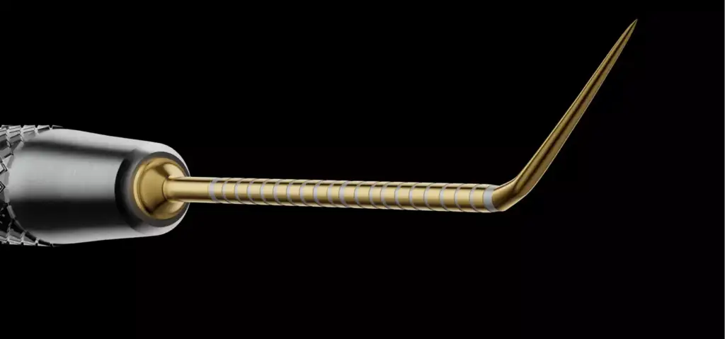 Dental tool tip in 3D medical animation video on black background with gold angled instrument detail