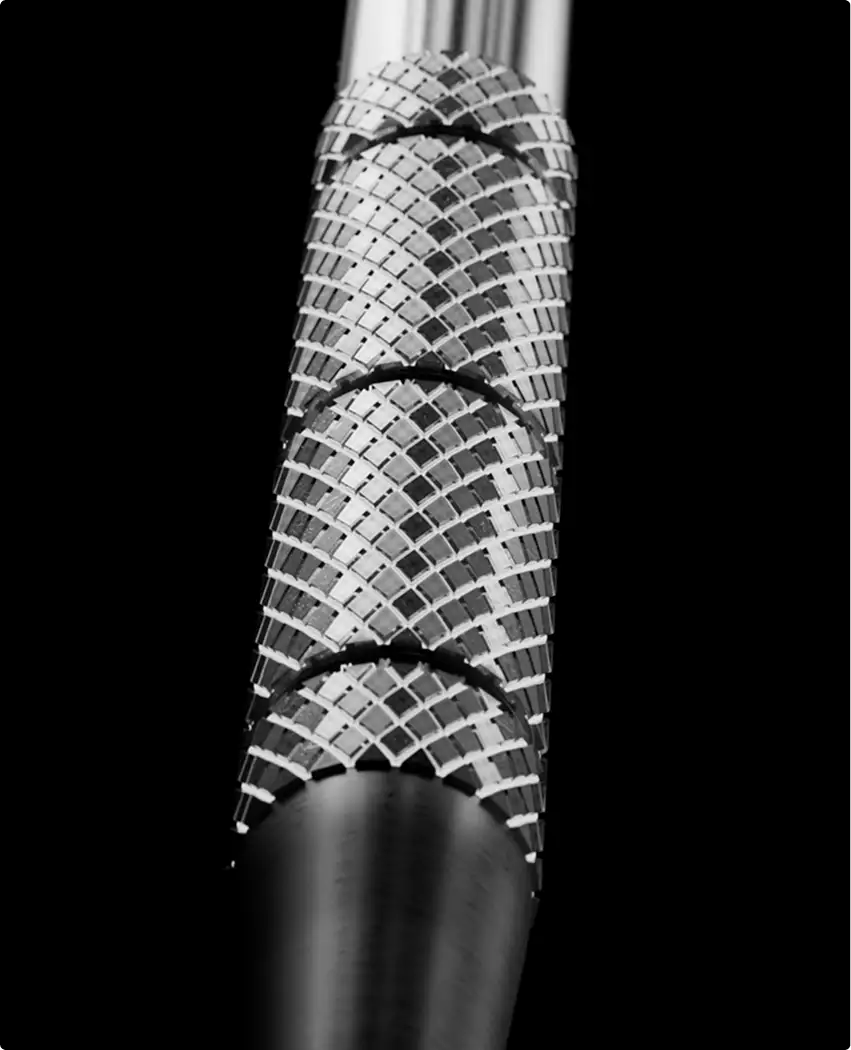 Dental implant grip detail in 3D medical animation video on black background with geometric pattern texture