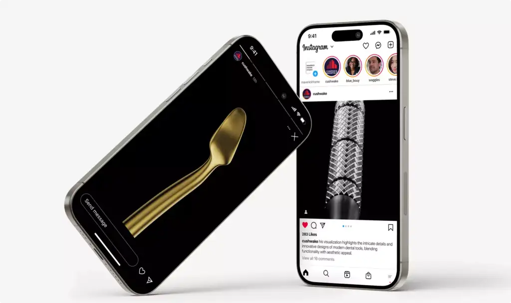 Smartphones displaying dental visuals in 3D medical animation video with app interface on light background