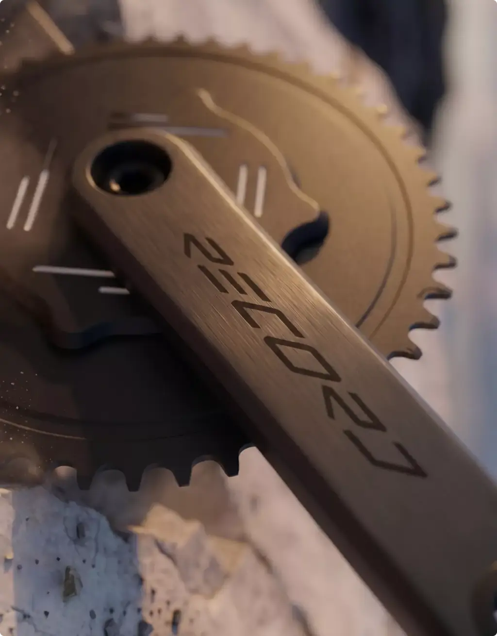 Close-up bicycle crank and gear render for 3D Product Animation Portfolio with metallic finish
