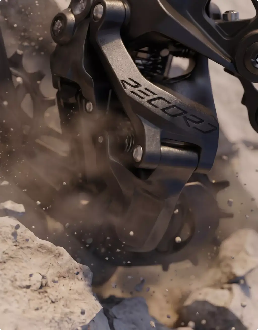 Bicycle derailleur detail breaking through stone in 3D Product Animation Portfolio render