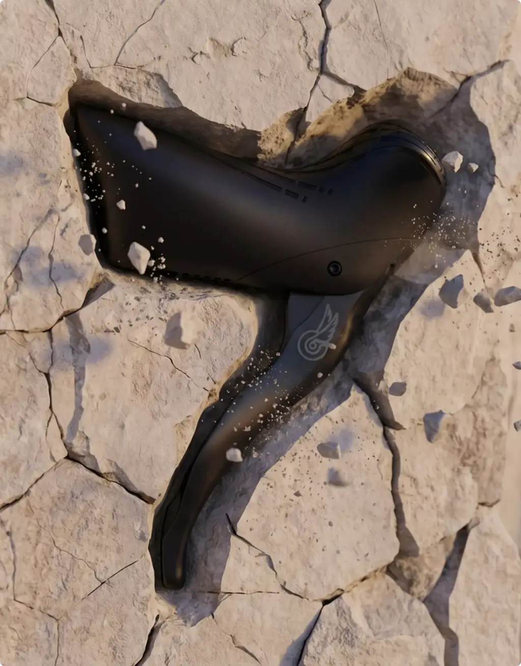 Black handheld device breaking through cracked stone in 3D Product Animation Portfolio render