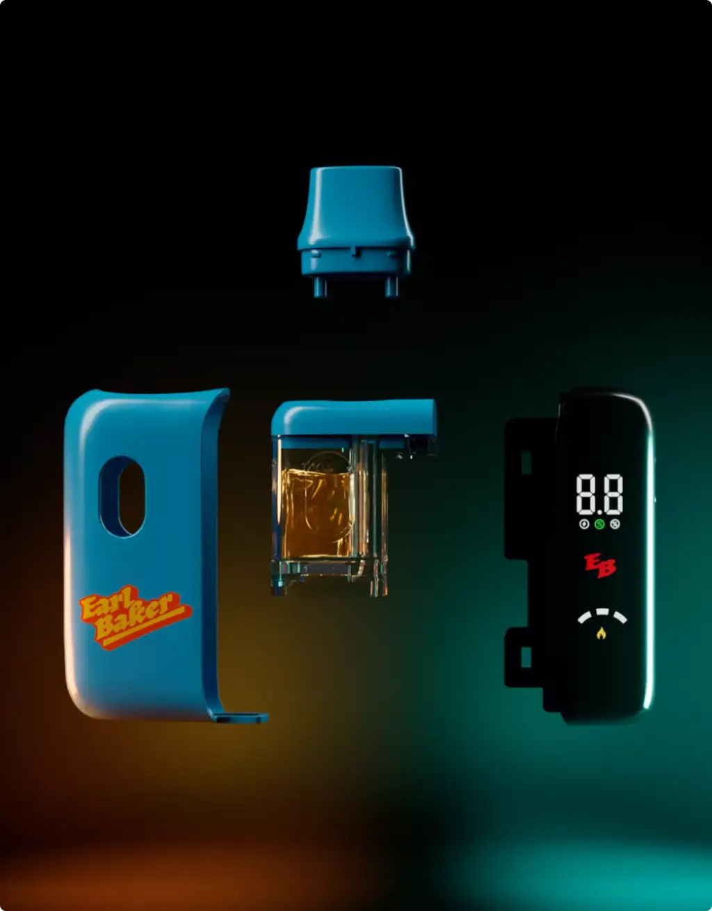 Exploded vape device components floating on dark background for 3D Product Animation Portfolio