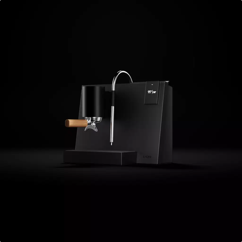 3D Product Rendering of matte black espresso machine with chrome spout and digital display