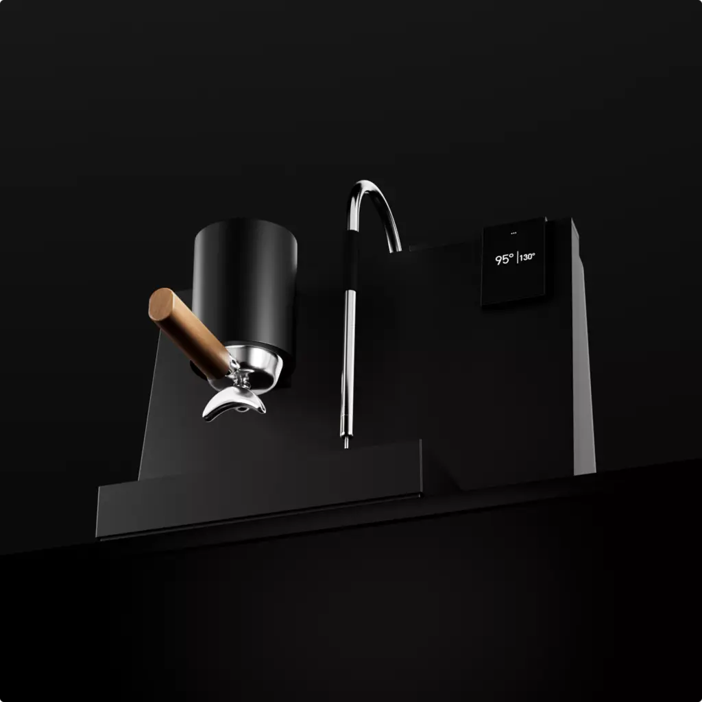 3D Product Rendering of black espresso machine with wood handle and chrome steam wand