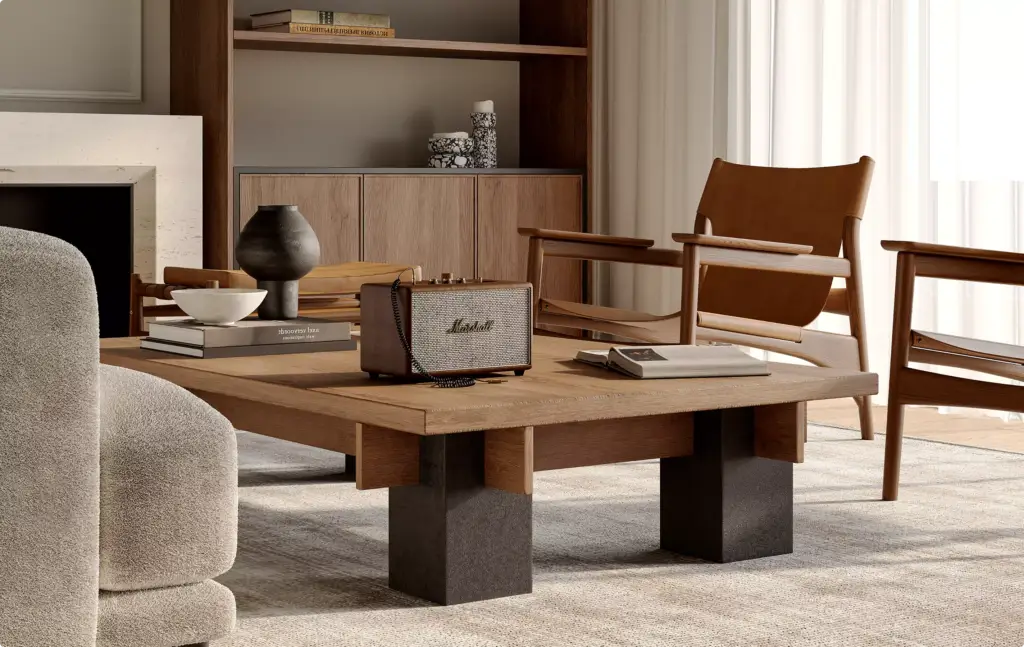 3D Product Rendering of modern living room with wooden coffee table and speaker