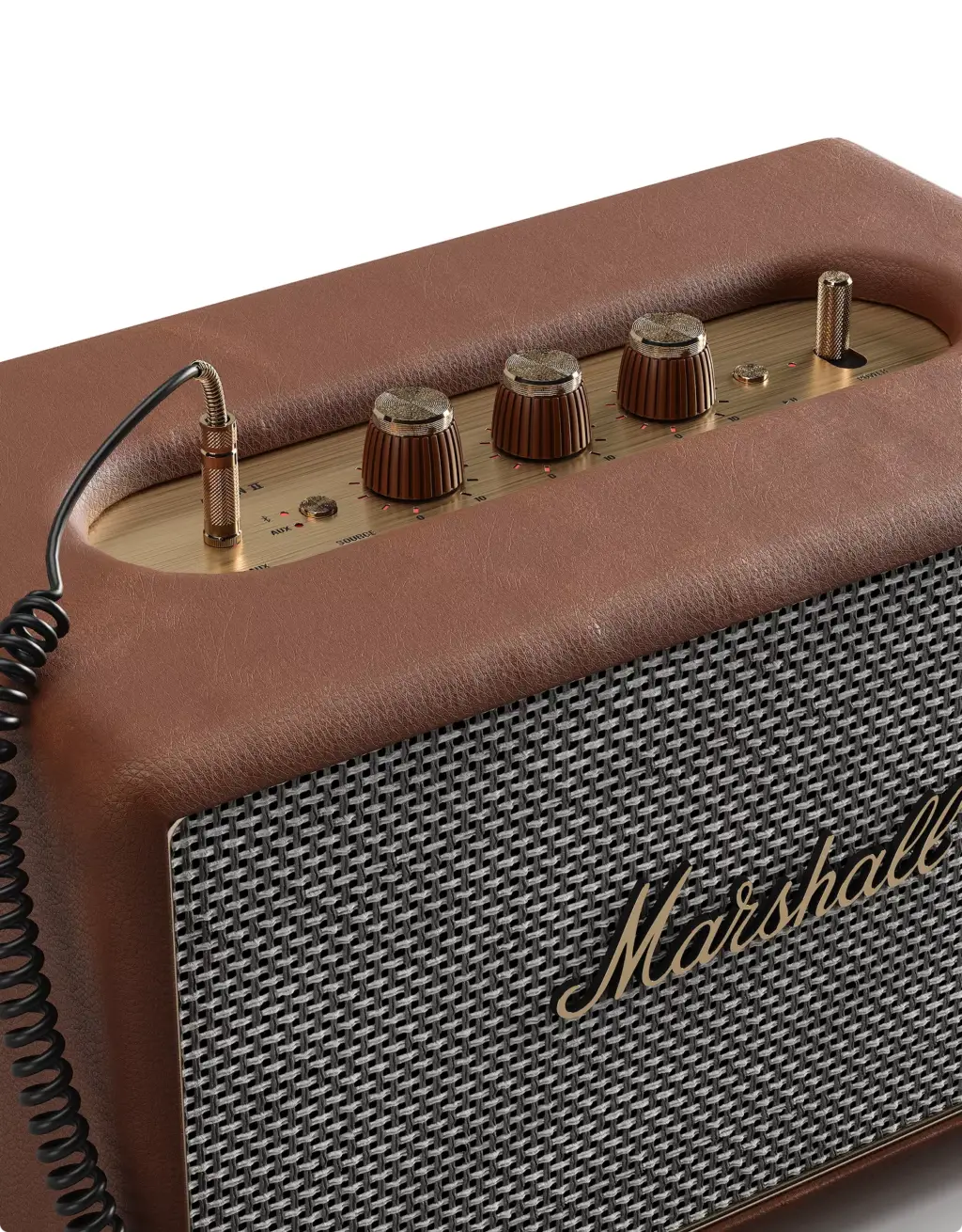 3D Product Rendering close-up of Marshall speaker control knobs and grille