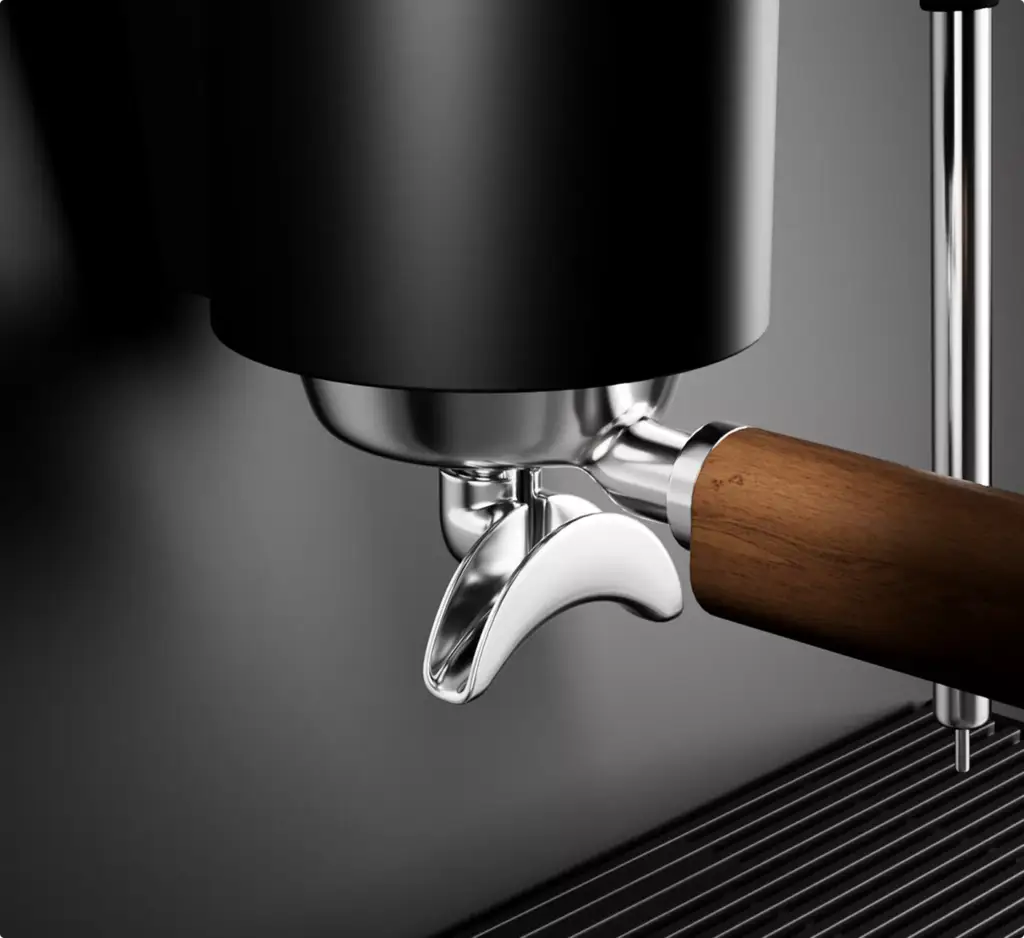 3D Product Rendering close-up of espresso machine portafilter with wooden handle