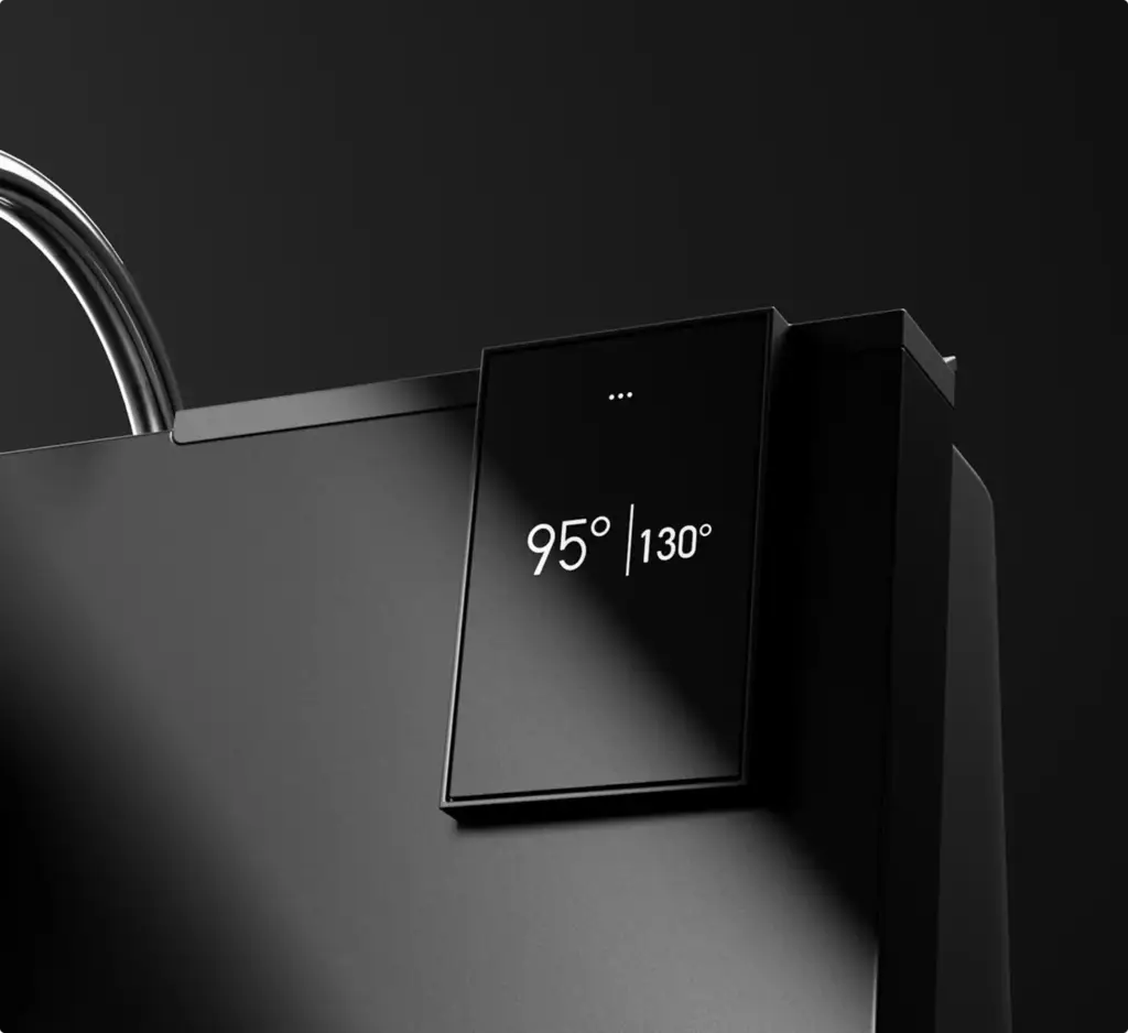 3D Product Rendering close-up of black digital temperature display on espresso machine