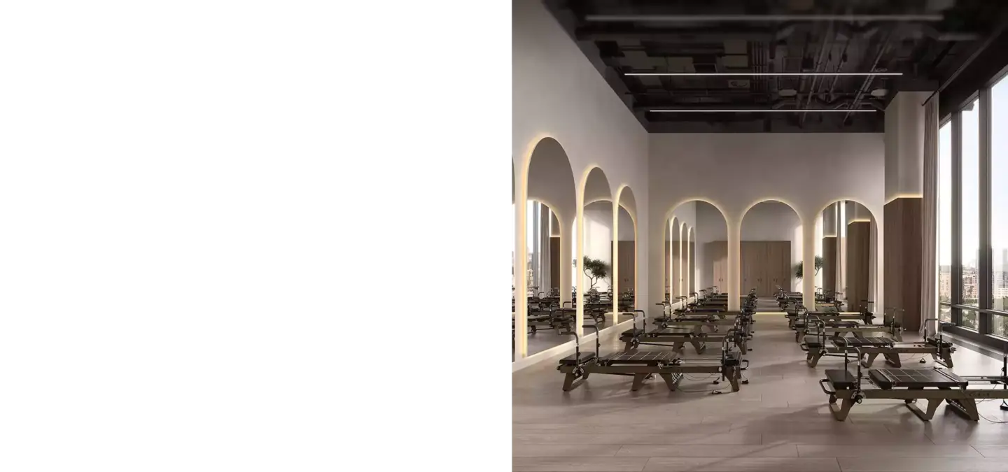 Minimalist fitness studio with arched mirrors and reformer machines, 3D rendering architectural interior