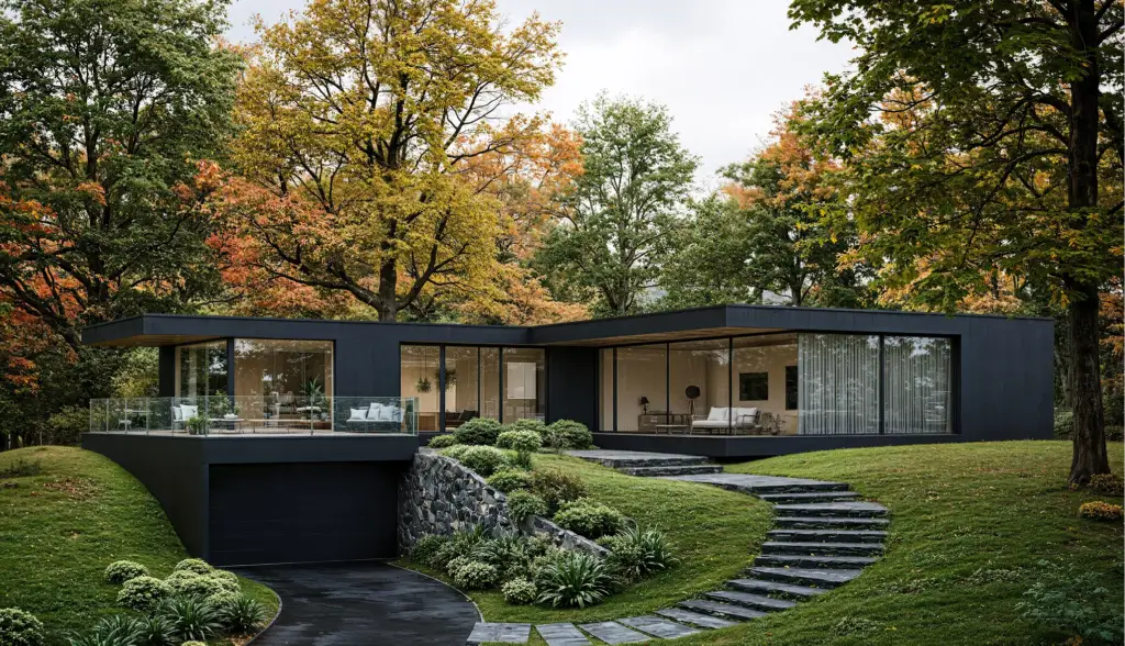 3D rendering for building permit with modern house, driveway, parked car and terraced garden