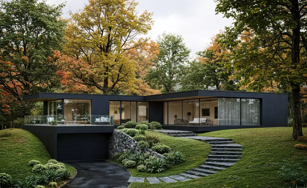 3D rendering for building permit with modern house, driveway, parked car and terraced garden