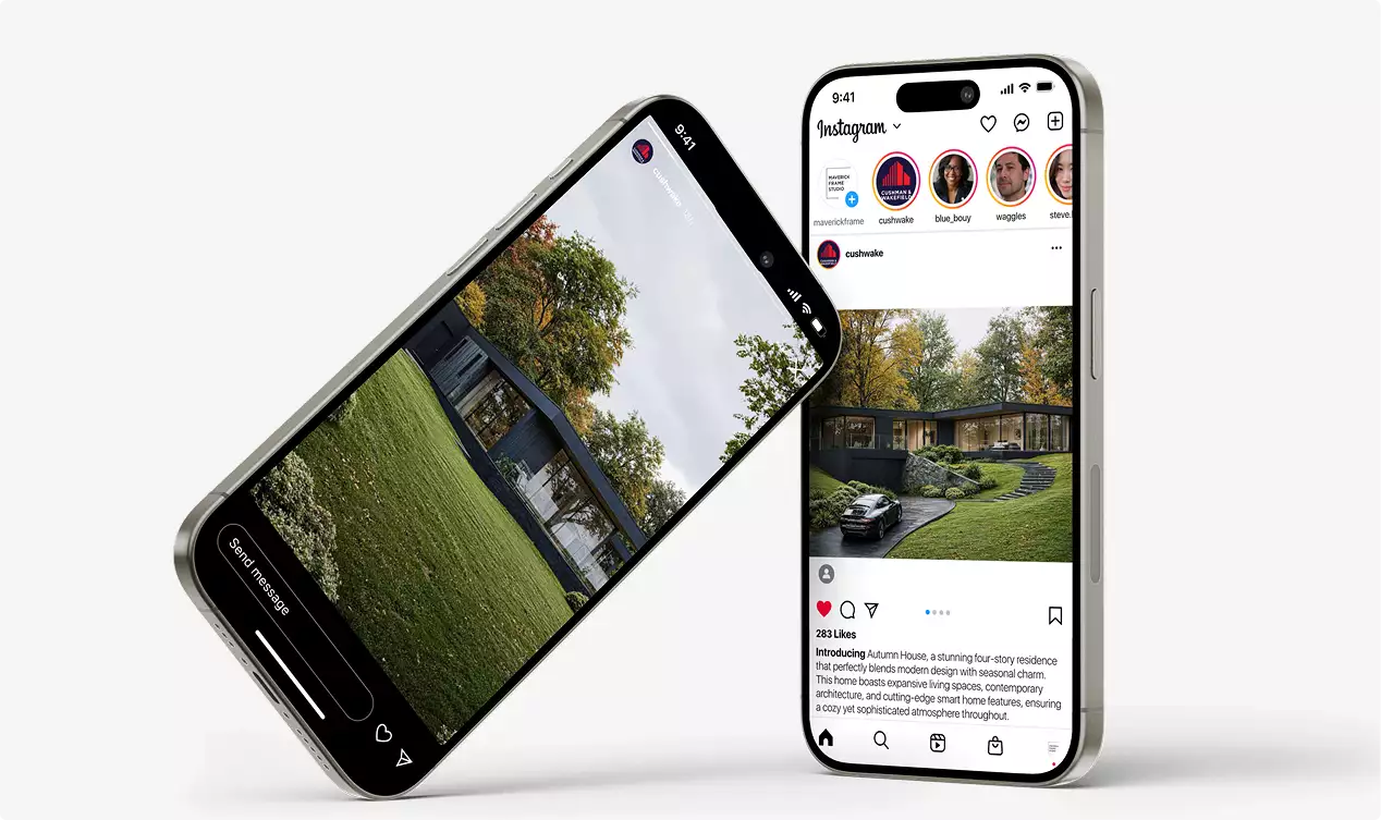 Smartphone mockup showing 3D rendering for building permit of modern house on social media screen