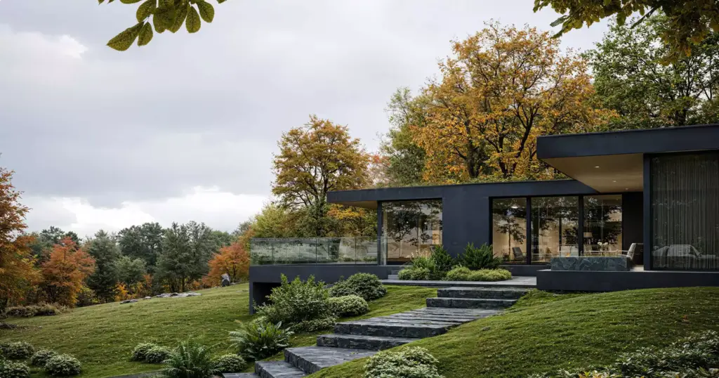 3D rendering for building permit with modern house, glass walls and steps on sloped landscape