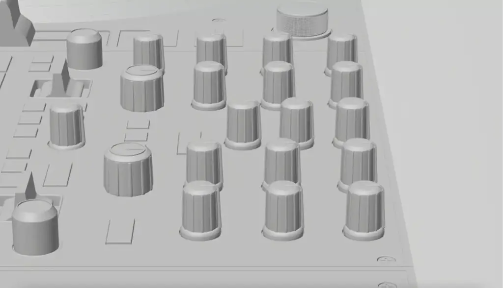 3D Rendering for Hercules DJ mixer interface with control knobs and monochrome modeling view