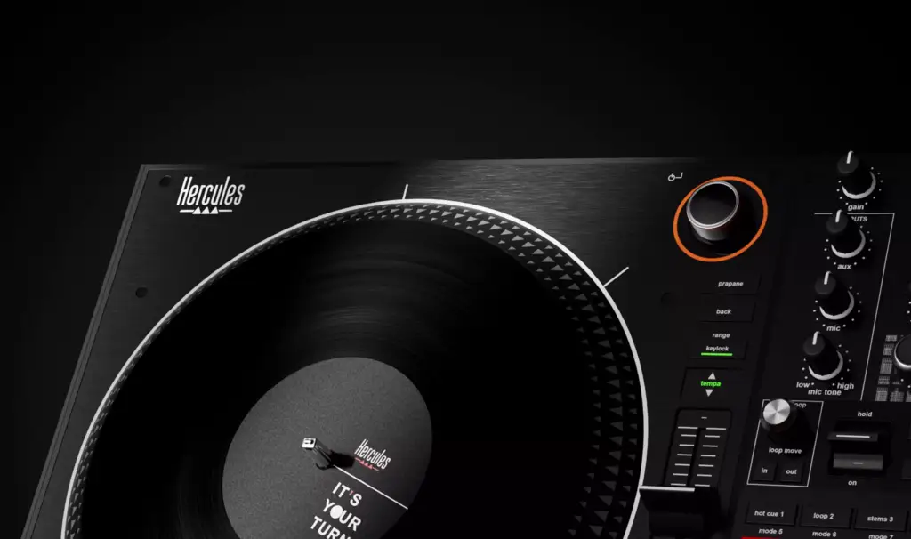 3D Rendering for Hercules DJ turntable with illuminated controls and black vinyl record