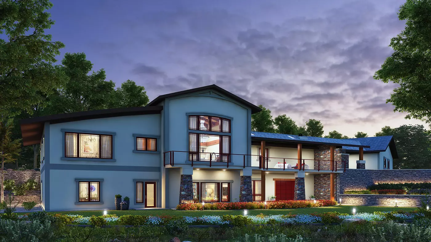 Best 3D Rendering Companies in Miami & South Florida for Luxury Real Estate in 2026 Luxury villa 3D rendering Miami at dusk with lit windows, landscaped garden, and modern facade